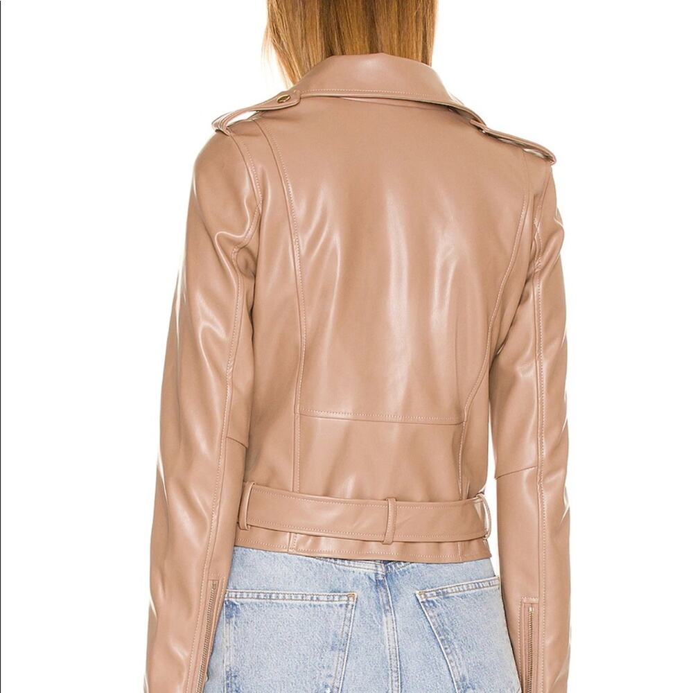 Superdown Giovanna Moto Jacket in Tan Faux Leather with Pockets Zips and Belt - Picture 10 of 11